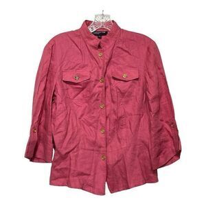 Jones New York 100% Linen Pink Top Gold Button‎ Down Women Size M 3/4 Sleeve